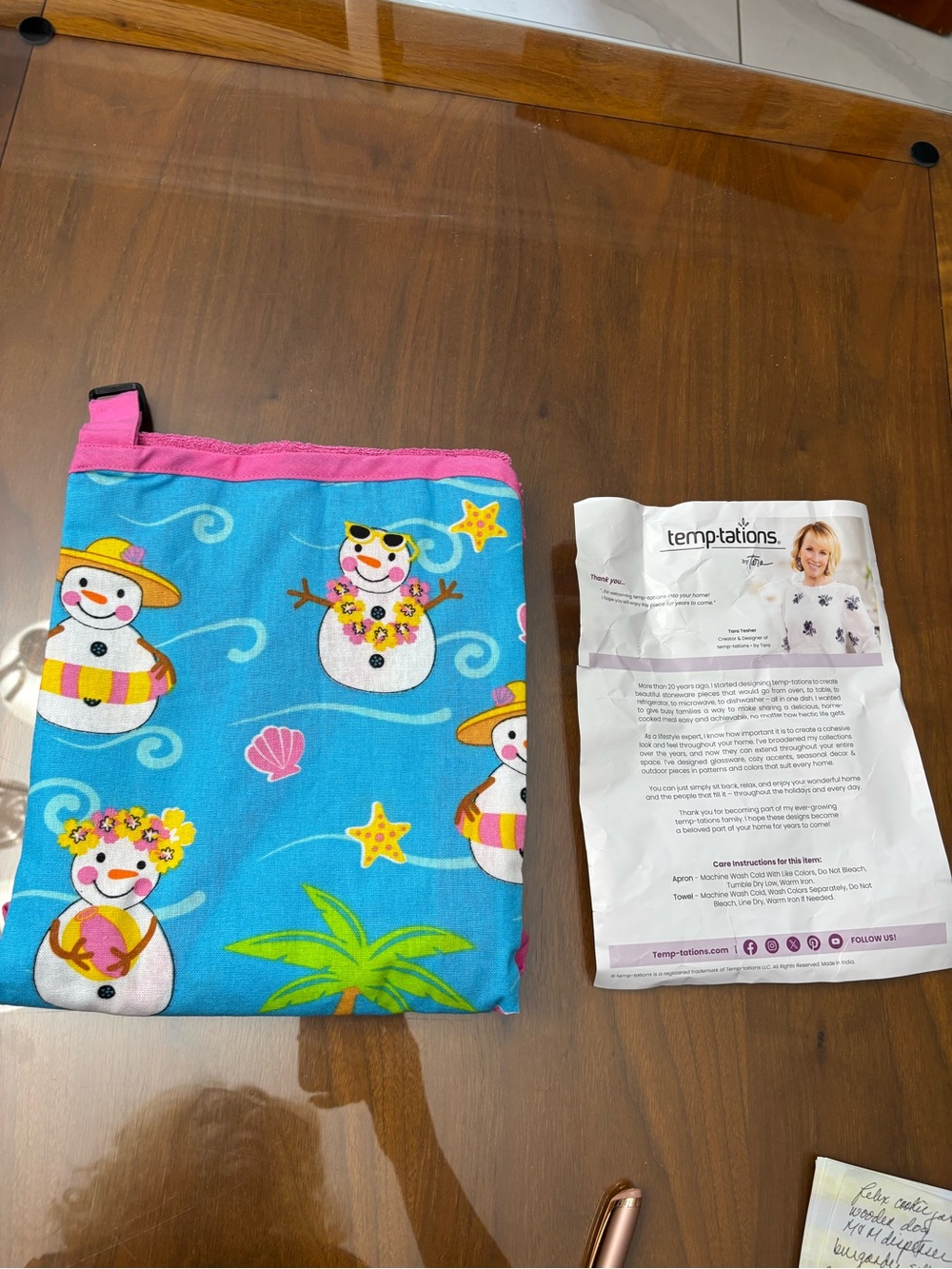 New Temptations Blue Beach Snowman Apron with Pink Trim